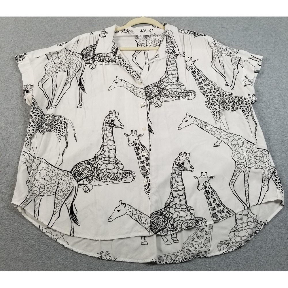 Jane + Delancey Button Up Shirt Womens XL White Black Giraffe Print‎ Sheer Top